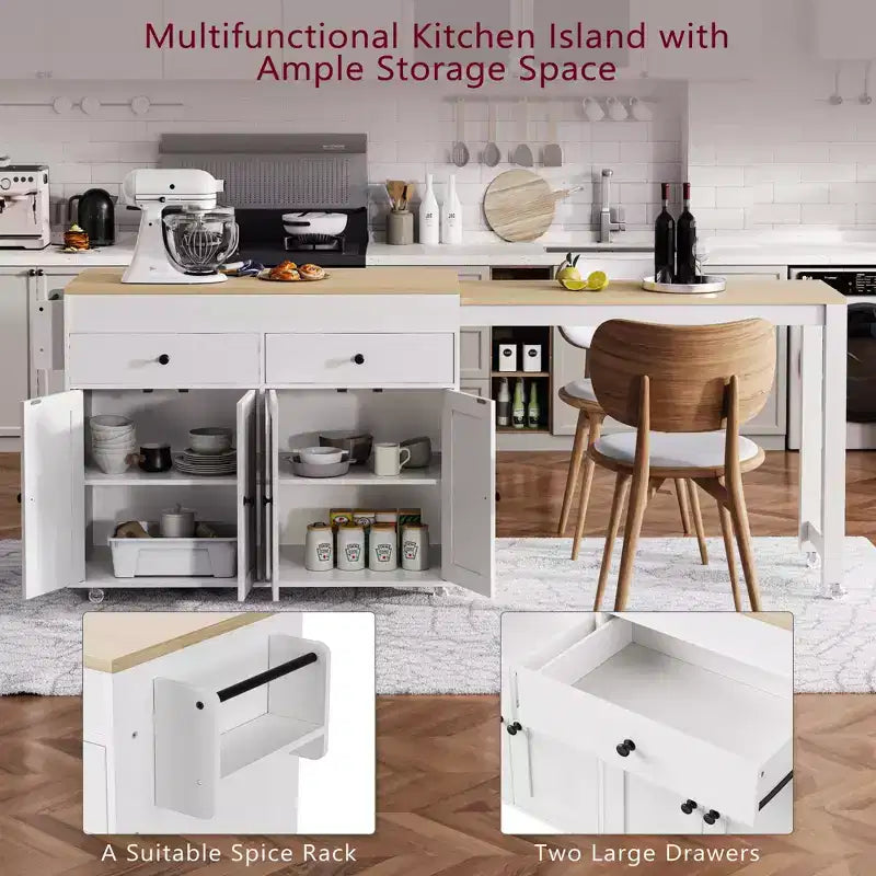 75 Isola da Cucina con Tavolo da Pranzo Estensibile, Isola da Cucina Mobile su Ruote con Porta Spezie e 2 Cassetti, Armadietto a 4 Ante