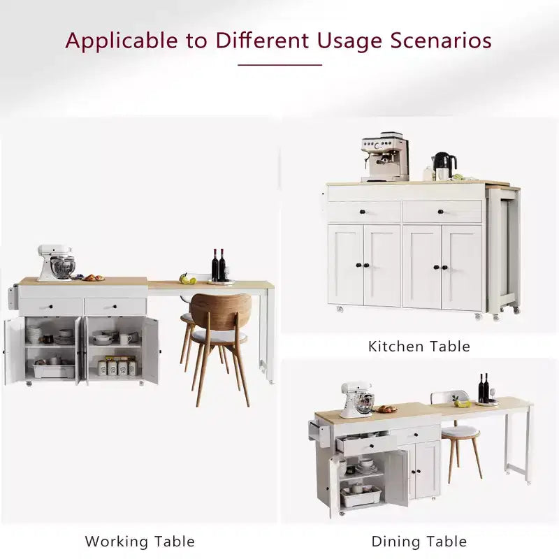75 Isola da Cucina con Tavolo da Pranzo Estensibile, Isola da Cucina Mobile su Ruote con Porta Spezie e 2 Cassetti, Armadietto a 4 Ante