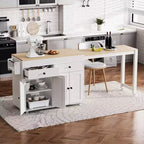 75 Isola da Cucina con Tavolo da Pranzo Estensibile, Isola da Cucina Mobile su Ruote con Porta Spezie e 2 Cassetti, Armadietto a 4 Ante