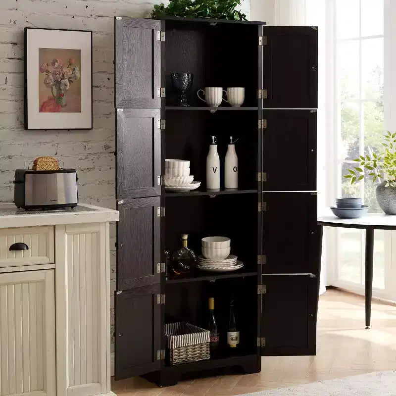 Armadietto alto 72,4" con 8 ante e 4 ripiani, libreria per soggiorno, cucina, sala da pranzo, ufficio, autoportante, nero