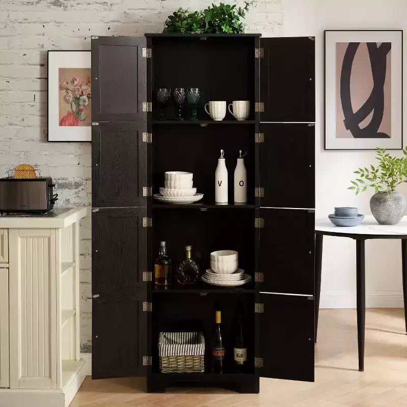 Armadietto alto 72,4" con 8 ante e 4 ripiani, libreria per soggiorno, cucina, sala da pranzo, ufficio, autoportante, nero