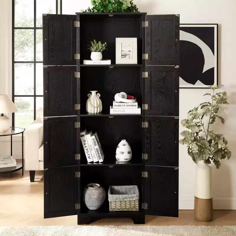 Armadietto alto 72,4" con 8 ante e 4 ripiani, libreria per soggiorno, cucina, sala da pranzo, ufficio, autoportante, nero