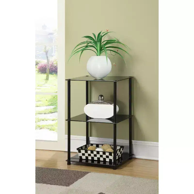 HomeStock Belmont Tall Glass 3 Tier End Table, Sleek Contemporary Accent Side Table with Glass Shelves for Storage and Display