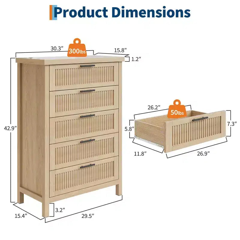 Comò a 5 cassetti scanalato, Comò a 5 cassetti, Cassettiera in legno con armadio contenitore per vestiti, Organizzatore cassetti, Mobile TV per camera da letto, Soggiorno