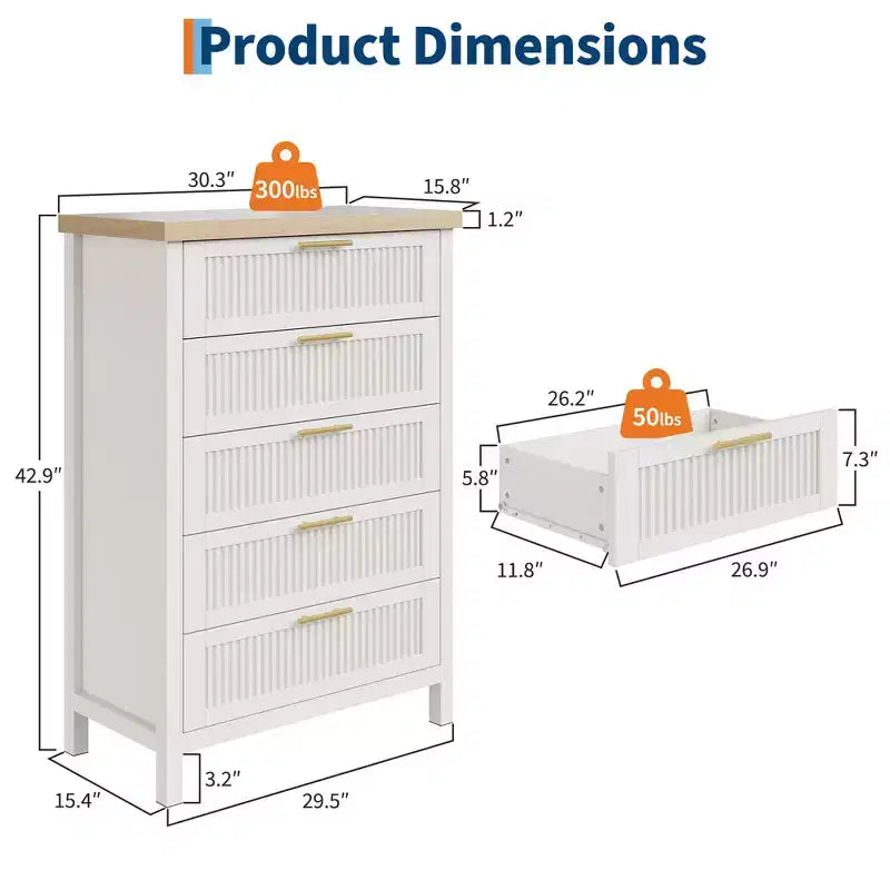 Comò a 5 cassetti scanalato, Comò a 5 cassetti, Cassettiera in legno con armadio contenitore per vestiti, Organizzatore cassetti, Mobile TV per camera da letto, Soggiorno