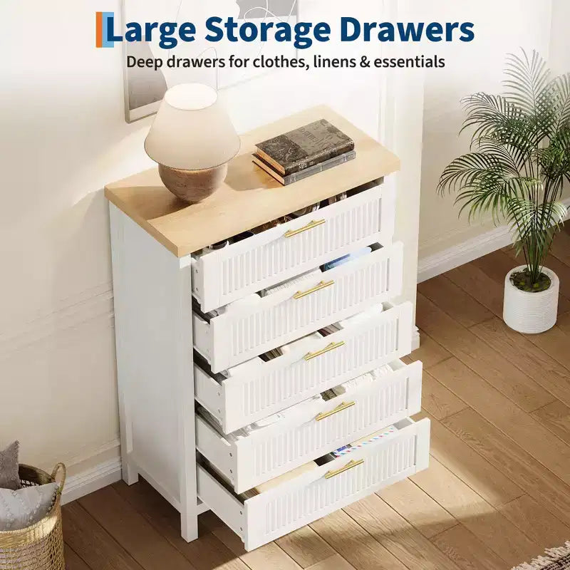Comò a 5 cassetti scanalato, Comò a 5 cassetti, Cassettiera in legno con armadio contenitore per vestiti, Organizzatore cassetti, Mobile TV per camera da letto, Soggiorno