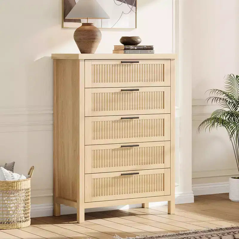 Fluted 5 Drawer Dresser, 5 Chest of Drawers, Wooden Dresser Chest with Clothes Storage Cabinet, Drawer Organizer, TV Stand for Bedroom, Living Room