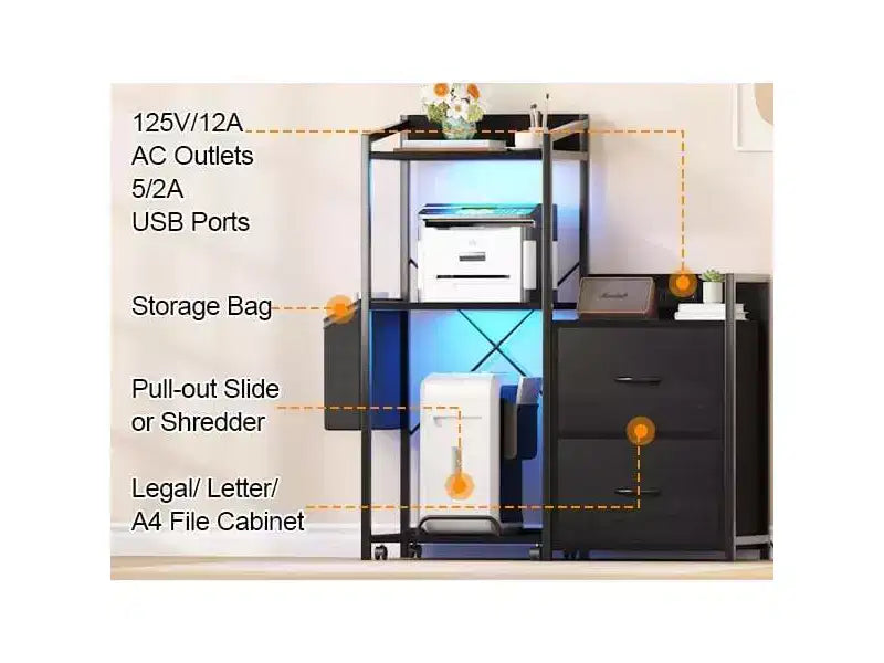 Mobiletto da ufficio industriale da 38 pollici con luci LED e stazione di ricarica, mobiletto a 3 ripiani con cassetti per stampante, fax, PC tower e forniture