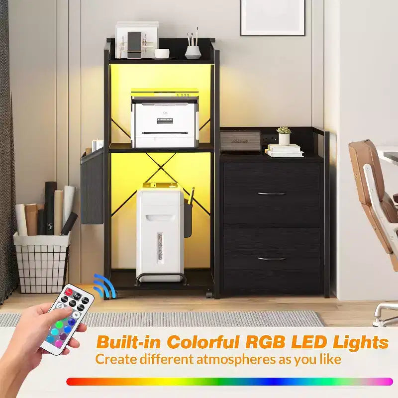 Mobiletto da ufficio industriale da 38 pollici con luci LED e stazione di ricarica, mobiletto a 3 ripiani con cassetti per stampante, fax, PC tower e forniture