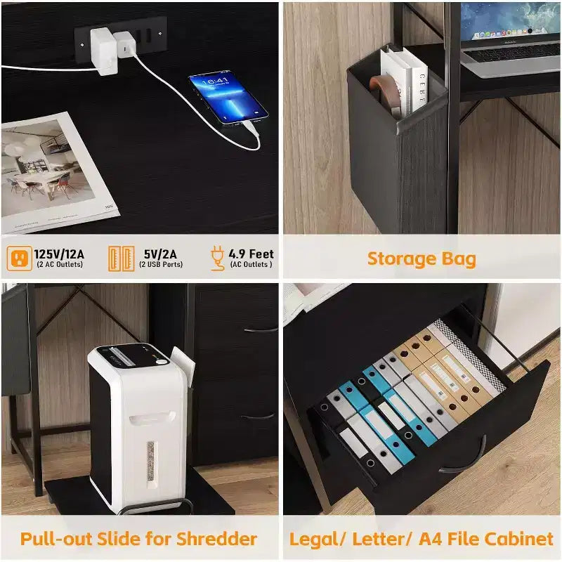Mobiletto da ufficio industriale da 38 pollici con luci LED e stazione di ricarica, mobiletto a 3 ripiani con cassetti per stampante, fax, PC tower e forniture