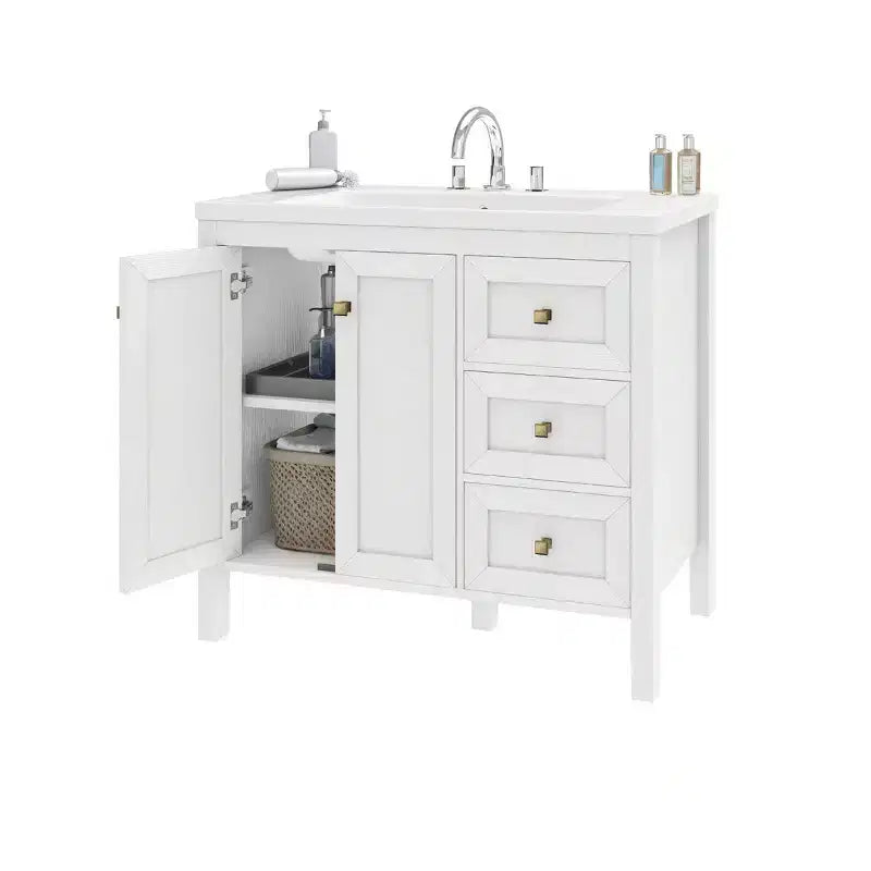Mobile bagno da 36 pollici con lavabo in ceramica, mobile contenitore da bagno con 2 ante e 3 cassetti