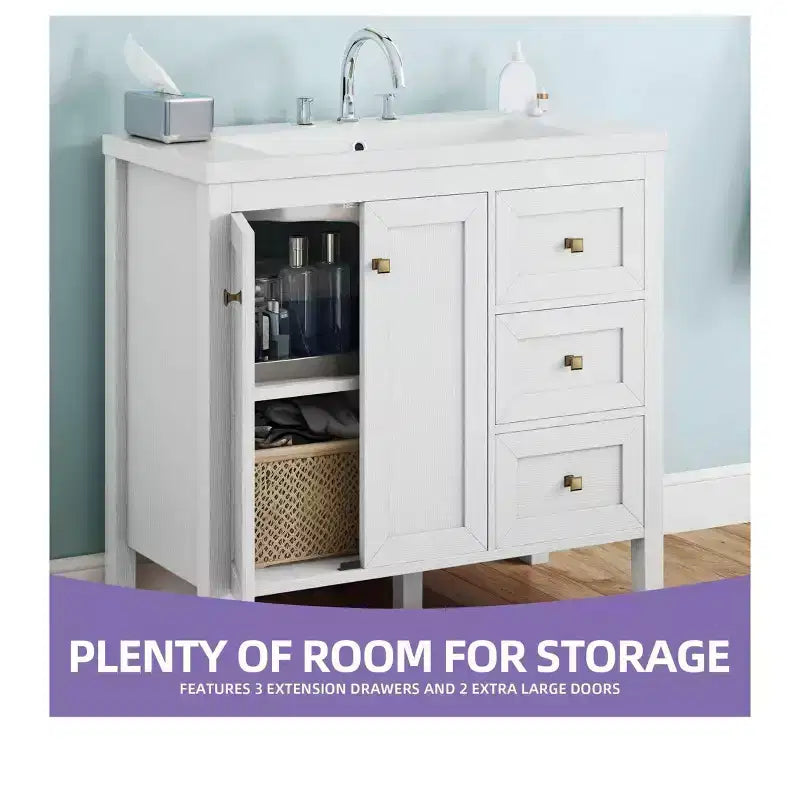 Mobile bagno da 36 pollici con lavabo in ceramica, mobile contenitore da bagno con 2 ante e 3 cassetti