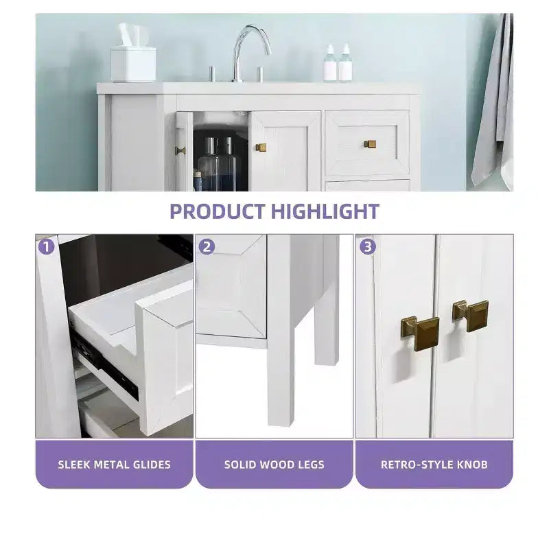 Mobile bagno da 36 pollici con lavabo in ceramica, mobile contenitore da bagno con 2 ante e 3 cassetti