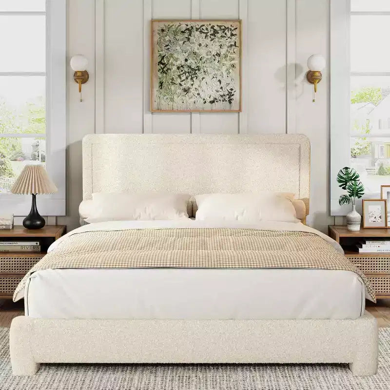 Dyonery Boucle Bed Frame,Upholstered Teddy Fabric Bed Frame, Soft Rounded Corners, Adjustable Headboard, Easy Assembly