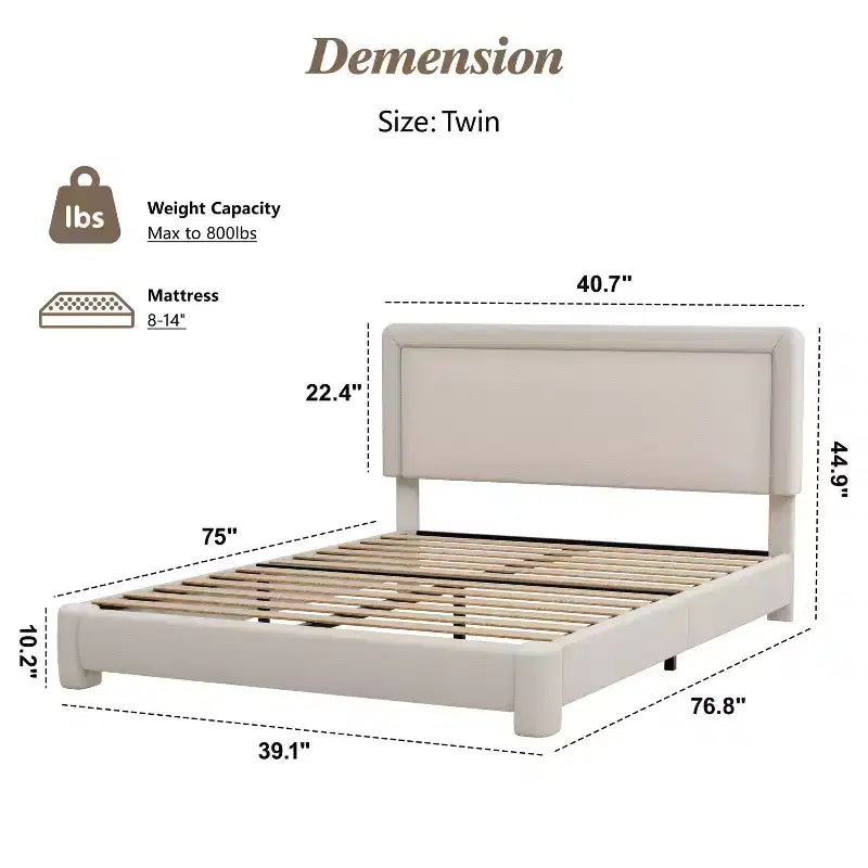 Dyonery Boucle Bed Frame, Struttura Letto Imbottita in Tessuto Teddy, Angoli Arrotondati Morbidi, Testiera Regolabile, Facile Montaggio