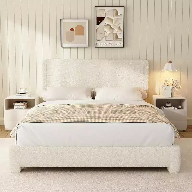 Dyonery Boucle Bed Frame, Struttura Letto Imbottita in Tessuto Teddy, Angoli Arrotondati Morbidi, Testiera Regolabile, Facile Montaggio