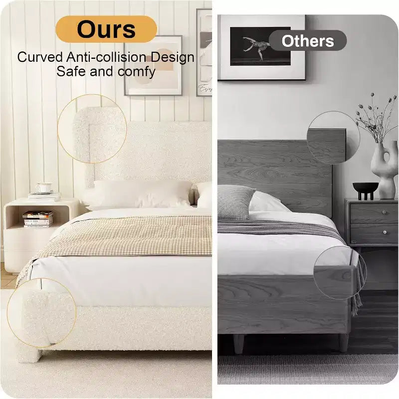 Dyonery Boucle Bed Frame, Struttura Letto Imbottita in Tessuto Teddy, Angoli Arrotondati Morbidi, Testiera Regolabile, Facile Montaggio