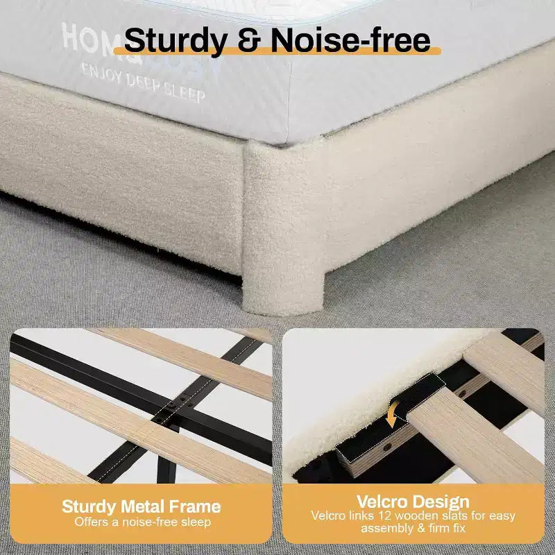 Dyonery Boucle Bed Frame, Struttura Letto Imbottita in Tessuto Teddy, Angoli Arrotondati Morbidi, Testiera Regolabile, Facile Montaggio