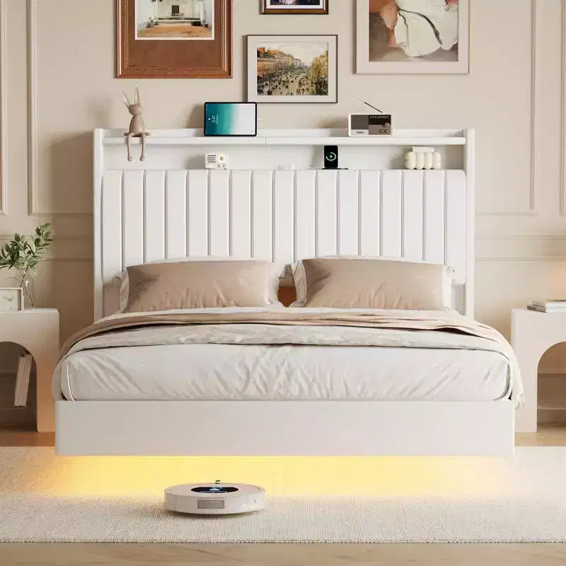 Giroletto flottante con luci e stazione di ricarica, testiera in pelle imbottita, letto flottante moderno alto 127 cm, non necessita di rete a molle