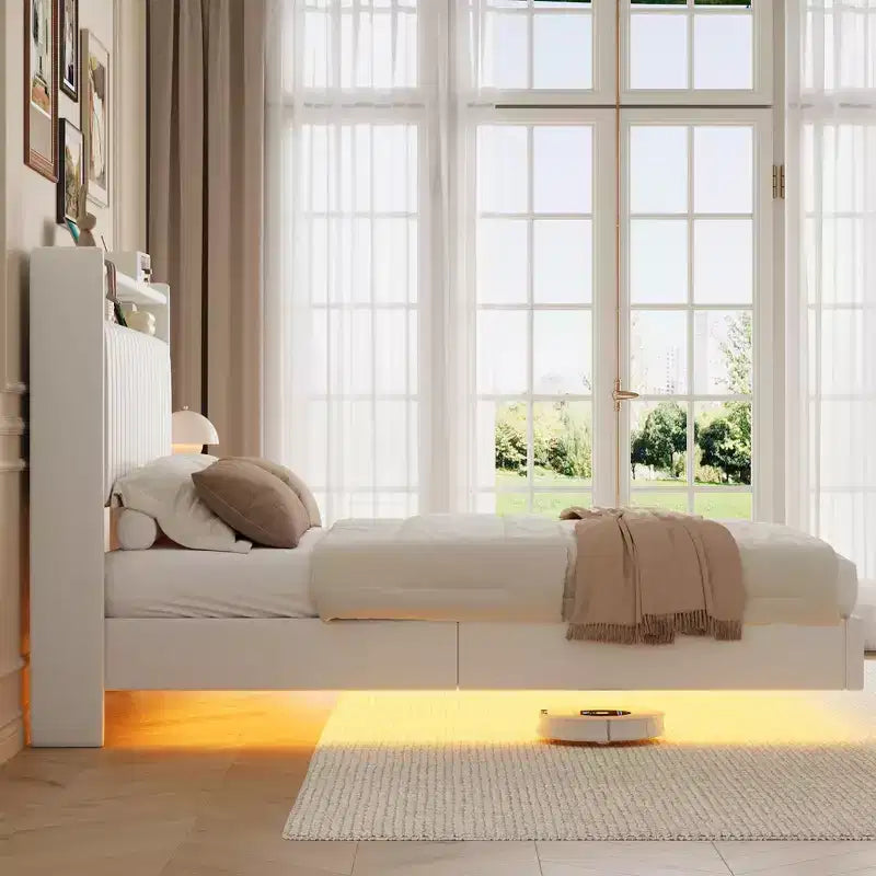 Giroletto flottante con luci e stazione di ricarica, testiera in pelle imbottita, letto flottante moderno alto 127 cm, non necessita di rete a molle