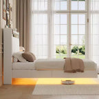 Giroletto flottante con luci e stazione di ricarica, testiera in pelle imbottita, letto flottante moderno alto 127 cm, non necessita di rete a molle