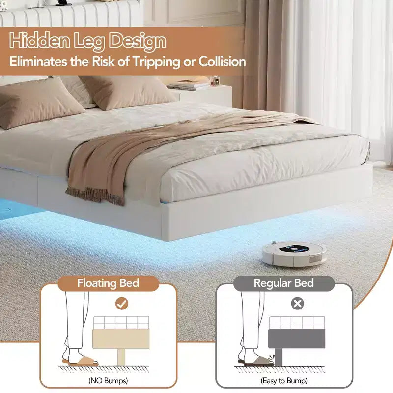Giroletto flottante con luci e stazione di ricarica, testiera in pelle imbottita, letto flottante moderno alto 127 cm, non necessita di rete a molle