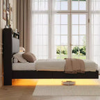 Giroletto flottante con luci e stazione di ricarica, testiera in pelle imbottita, letto flottante moderno alto 127 cm, non necessita di rete a molle
