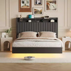 Giroletto flottante con luci e stazione di ricarica, testiera in pelle imbottita, letto flottante moderno alto 127 cm, non necessita di rete a molle