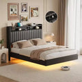 Floating Platform Bed Frame with Lights & Charging Station, Upholstered Leather Headboard, Modern 50 Tall Floating Bed, No Box Spring Needed