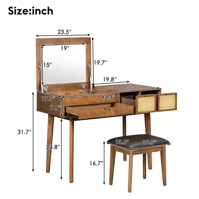 Toeletta Moderna Okak con Specchio a Scomparsa e LED/Sgabello, Scrivania da Trucco Contenitiva con Cassetti/Armadietti, Classica Tavola da Trucco per Camere da Letto