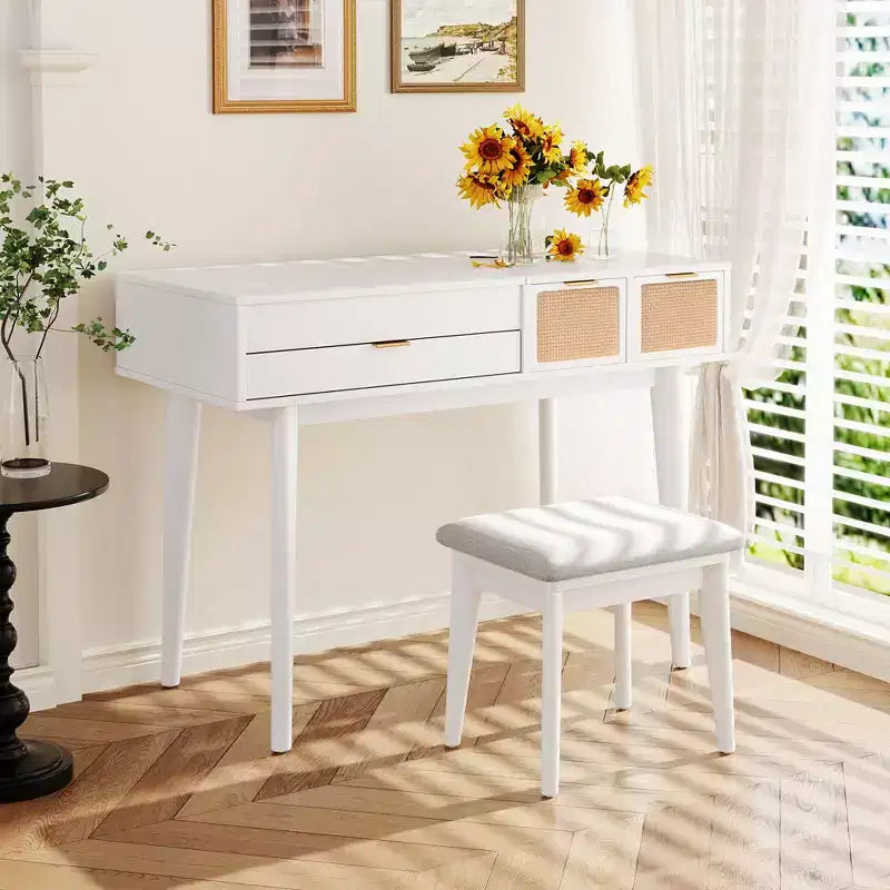 Toeletta Moderna Okak con Specchio a Scomparsa e LED/Sgabello, Scrivania da Trucco Contenitiva con Cassetti/Armadietti, Classica Tavola da Trucco per Camere da Letto
