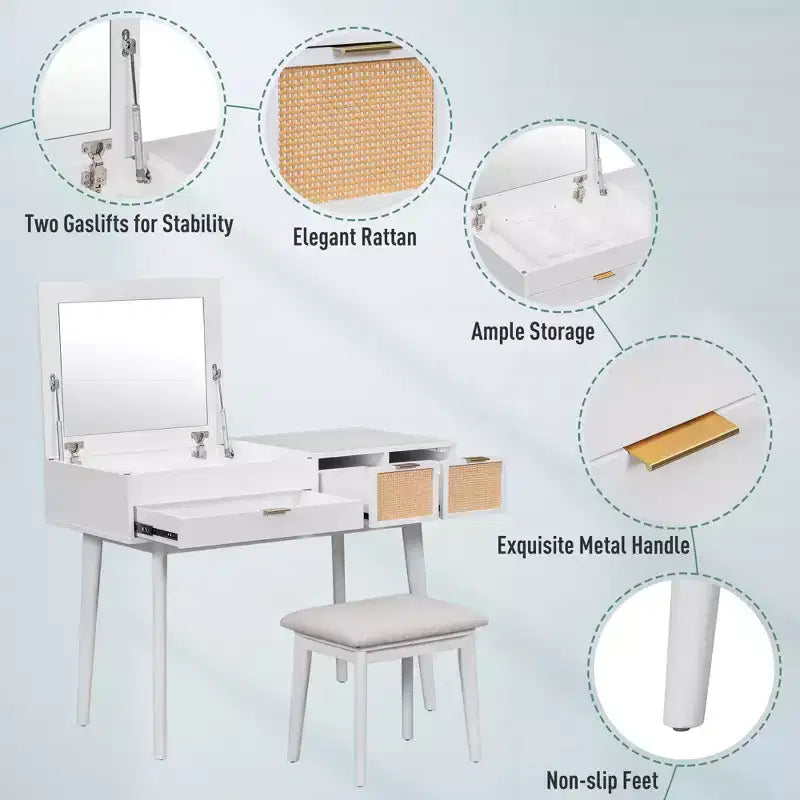 Toeletta Moderna Okak con Specchio a Scomparsa e LED/Sgabello, Scrivania da Trucco Contenitiva con Cassetti/Armadietti, Classica Tavola da Trucco per Camere da Letto
