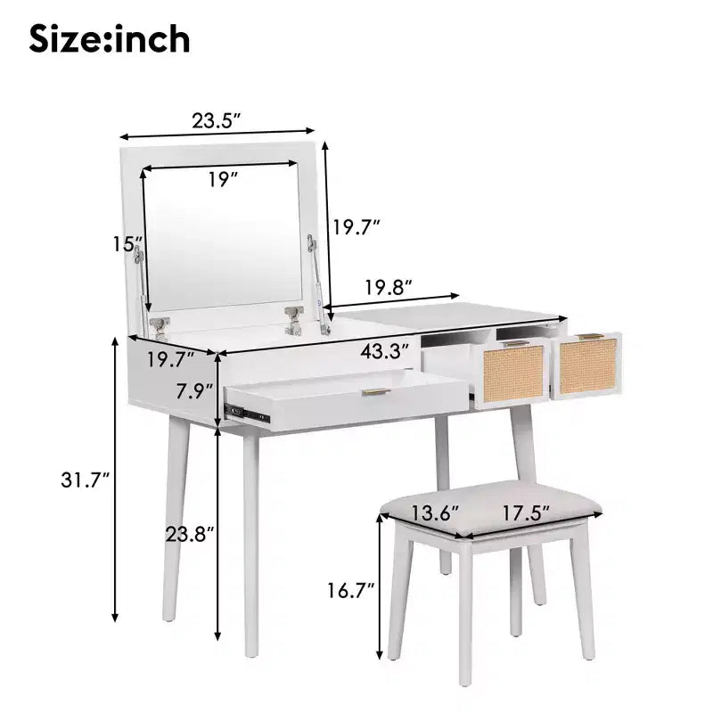 Toeletta Moderna Okak con Specchio a Scomparsa e LED/Sgabello, Scrivania da Trucco Contenitiva con Cassetti/Armadietti, Classica Tavola da Trucco per Camere da Letto