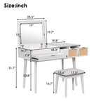 Toeletta Moderna Okak con Specchio a Scomparsa e LED/Sgabello, Scrivania da Trucco Contenitiva con Cassetti/Armadietti, Classica Tavola da Trucco per Camere da Letto