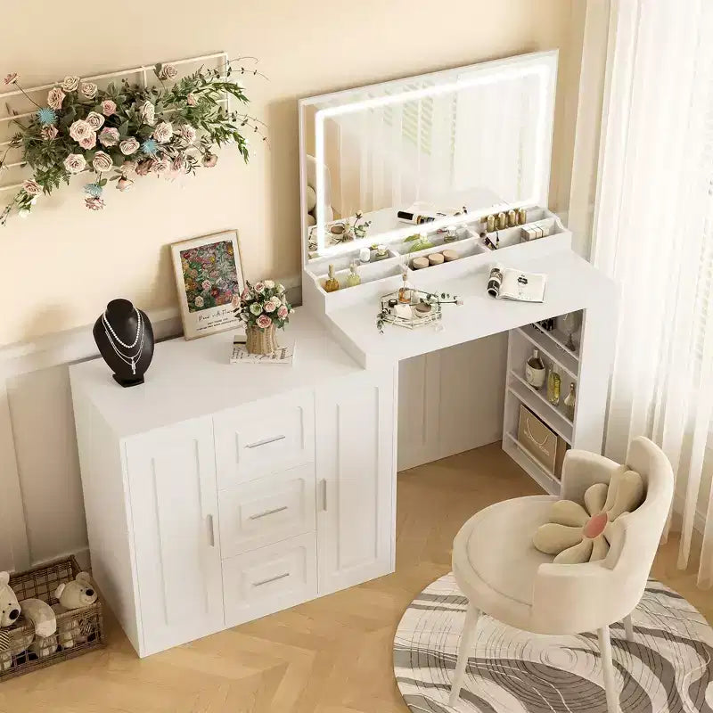 Toeletta Moderna Okak con Specchio a Scomparsa e LED/Sgabello, Scrivania da Trucco Contenitiva con Cassetti/Armadietti, Classica Tavola da Trucco per Camere da Letto