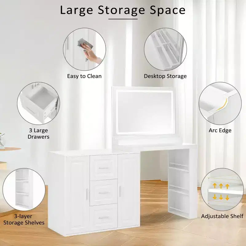 Toeletta Moderna Okak con Specchio a Scomparsa e LED/Sgabello, Scrivania da Trucco Contenitiva con Cassetti/Armadietti, Classica Tavola da Trucco per Camere da Letto