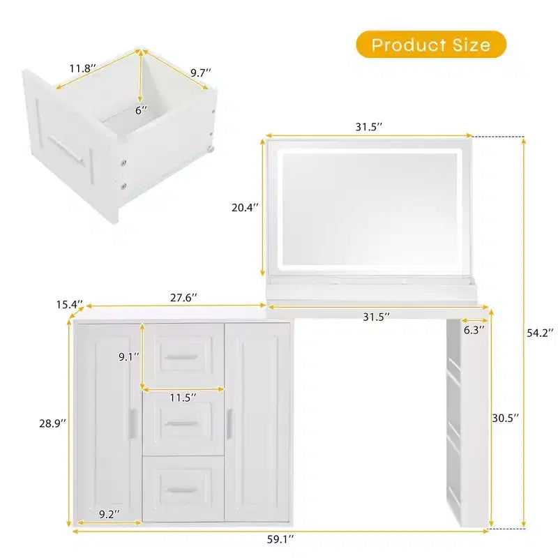 Toeletta Moderna Okak con Specchio a Scomparsa e LED/Sgabello, Scrivania da Trucco Contenitiva con Cassetti/Armadietti, Classica Tavola da Trucco per Camere da Letto