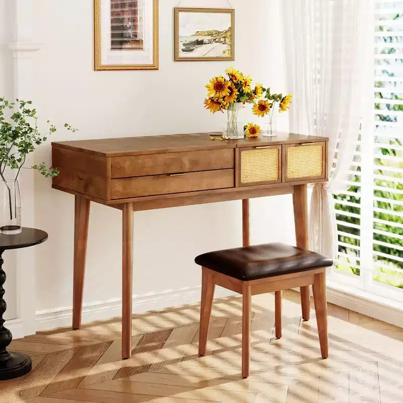 Toeletta Moderna Okak con Specchio a Scomparsa e LED/Sgabello, Scrivania da Trucco Contenitiva con Cassetti/Armadietti, Classica Tavola da Trucco per Camere da Letto