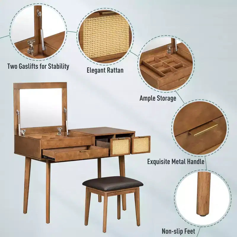 Toeletta Moderna Okak con Specchio a Scomparsa e LED/Sgabello, Scrivania da Trucco Contenitiva con Cassetti/Armadietti, Classica Tavola da Trucco per Camere da Letto