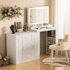 Okak Modern Vanity Table with Flip-top Mirror & LED/Stool,Storage Dressing Desk with Drawers/Cabinets,Classic Makeup Table for Bedrooms