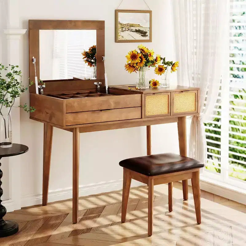 Toeletta Moderna Okak con Specchio a Scomparsa e LED/Sgabello, Scrivania da Trucco Contenitiva con Cassetti/Armadietti, Classica Tavola da Trucco per Camere da Letto