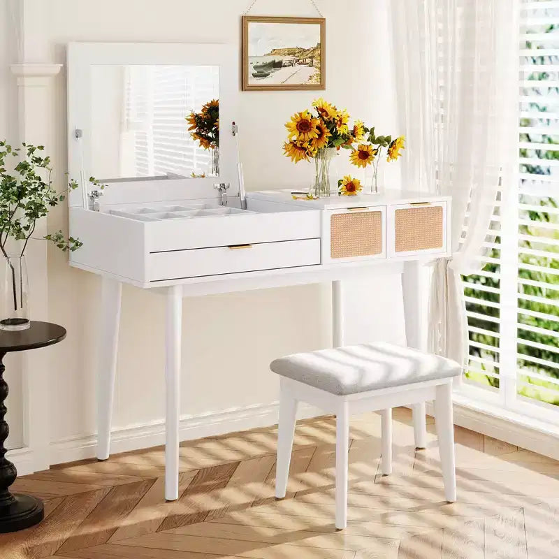 Toeletta Moderna Okak con Specchio a Scomparsa e LED/Sgabello, Scrivania da Trucco Contenitiva con Cassetti/Armadietti, Classica Tavola da Trucco per Camere da Letto