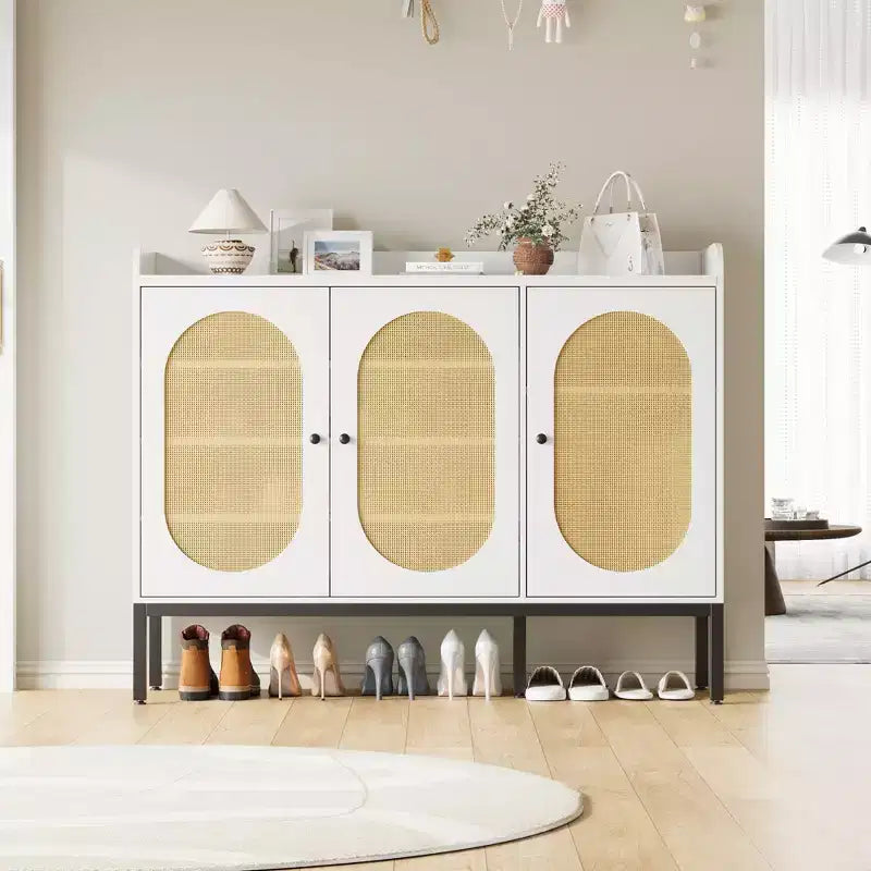 Large Shoe Cabinet with 3 Rattan Doors, Slim Freestanding Shoe Cabinet Organizer, 7-Tier Shoes Storage Rack for Entryway, Hallway, Living Room