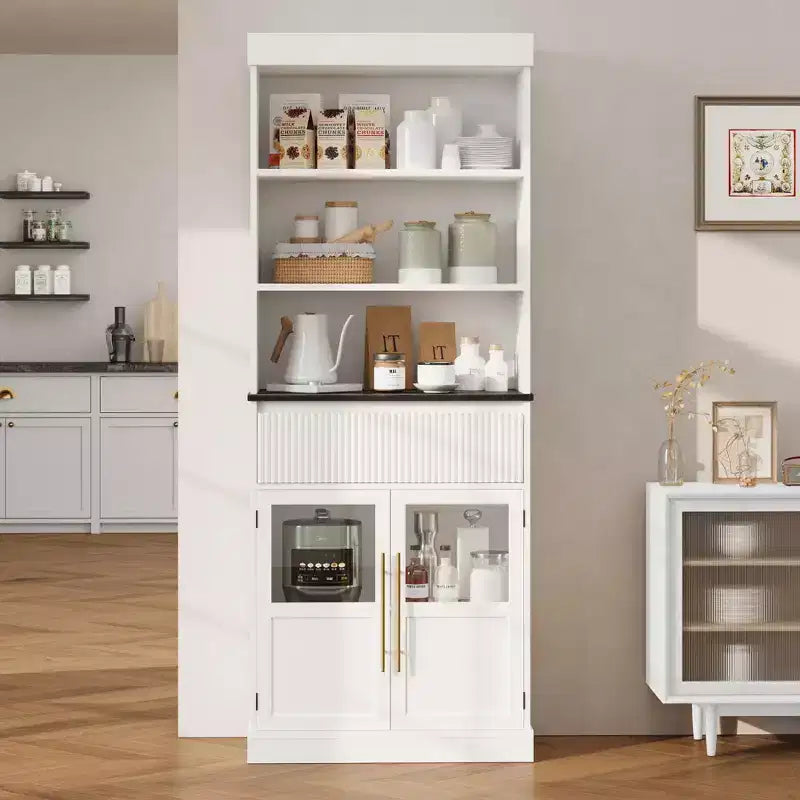 Dispensa alta con ante in vetro, mobile da cucina da 70 cm con cassetto e ripiani regolabili