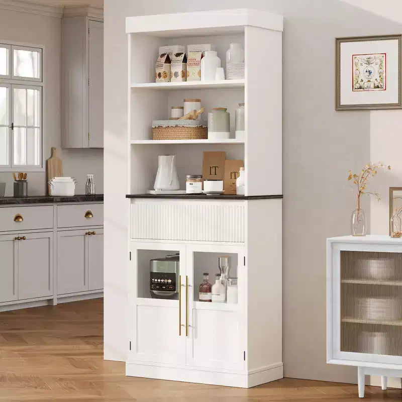 Dispensa alta con ante in vetro, mobile da cucina da 70 cm con cassetto e ripiani regolabili