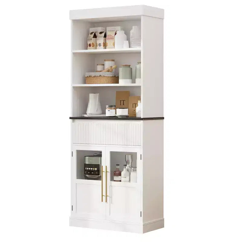 Dispensa alta con ante in vetro, mobile da cucina da 70 cm con cassetto e ripiani regolabili