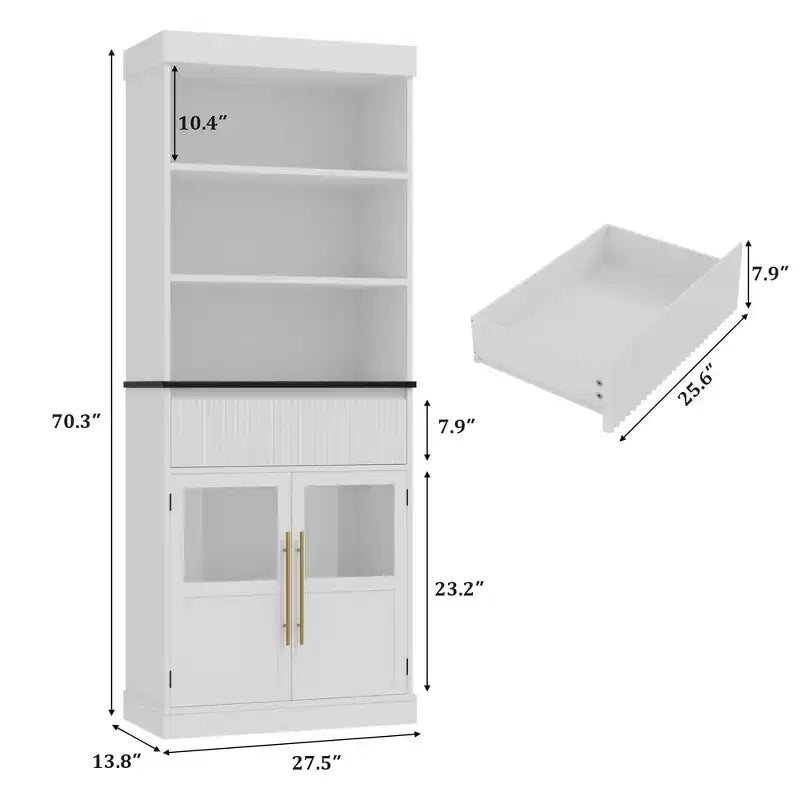 Dispensa alta con ante in vetro, mobile da cucina da 70 cm con cassetto e ripiani regolabili