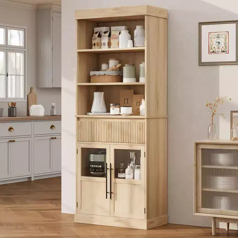 Dispensa alta con ante in vetro, mobile da cucina da 70 cm con cassetto e ripiani regolabili
