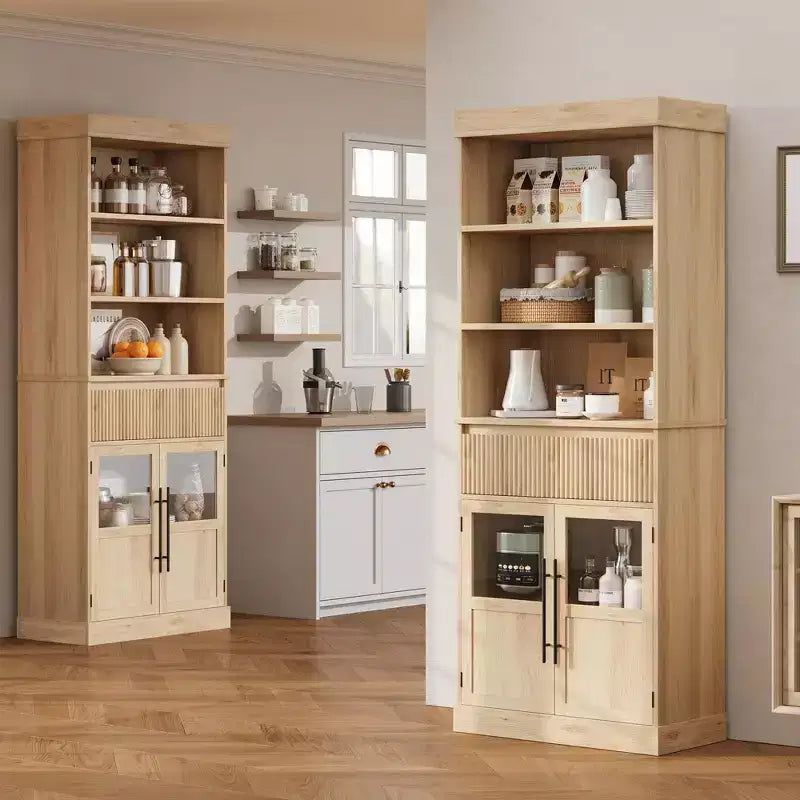 Dispensa alta con ante in vetro, mobile da cucina da 70 cm con cassetto e ripiani regolabili