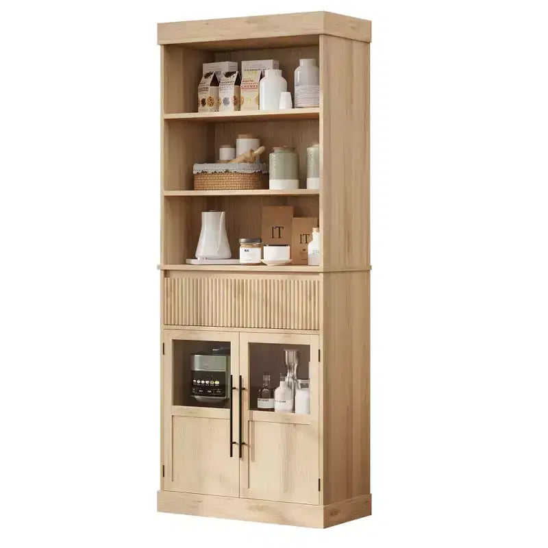 Dispensa alta con ante in vetro, mobile da cucina da 70 cm con cassetto e ripiani regolabili